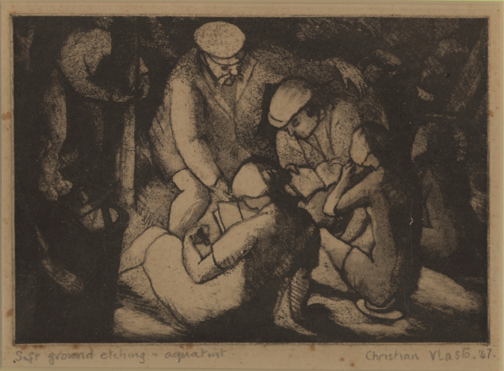 19470000 THE GENDARMERIE or THE INSPECTION Christian and Anne have their passports checked in post-war France Soft ground etching and aquatint Christian C. Vlasto (m. Abbas).jpg